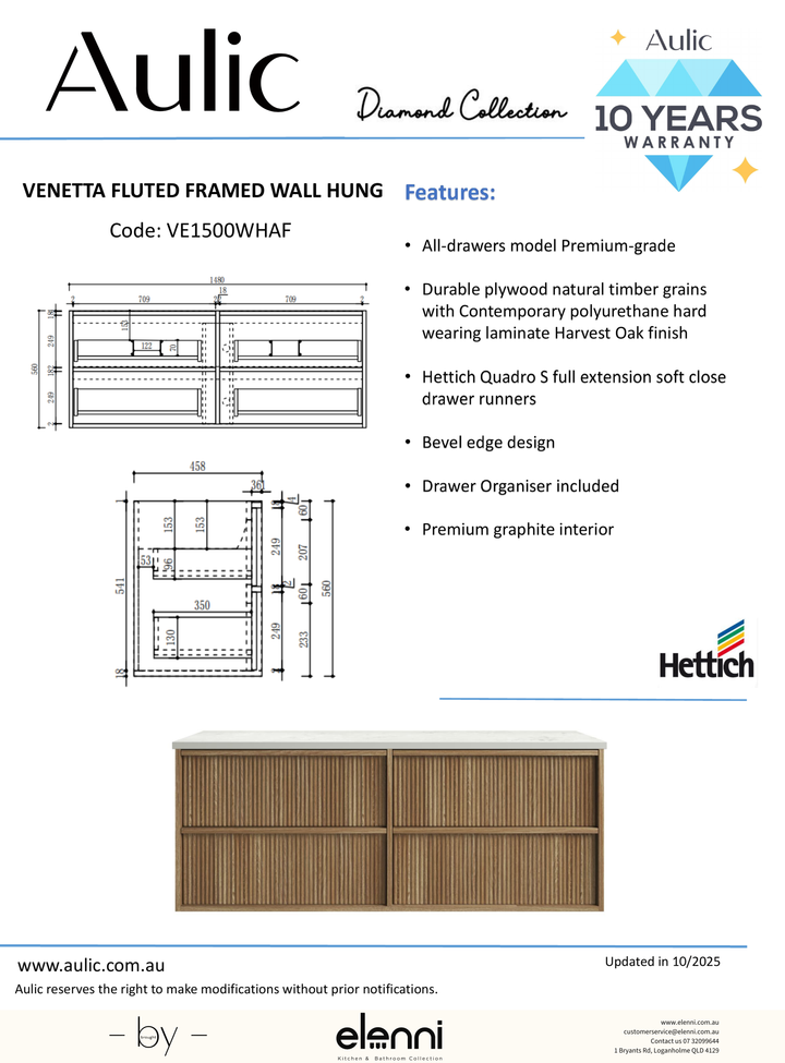 Venetta Fluted Framed Wall Hung Harvest Oak 1500mm - Elenni specification drawing