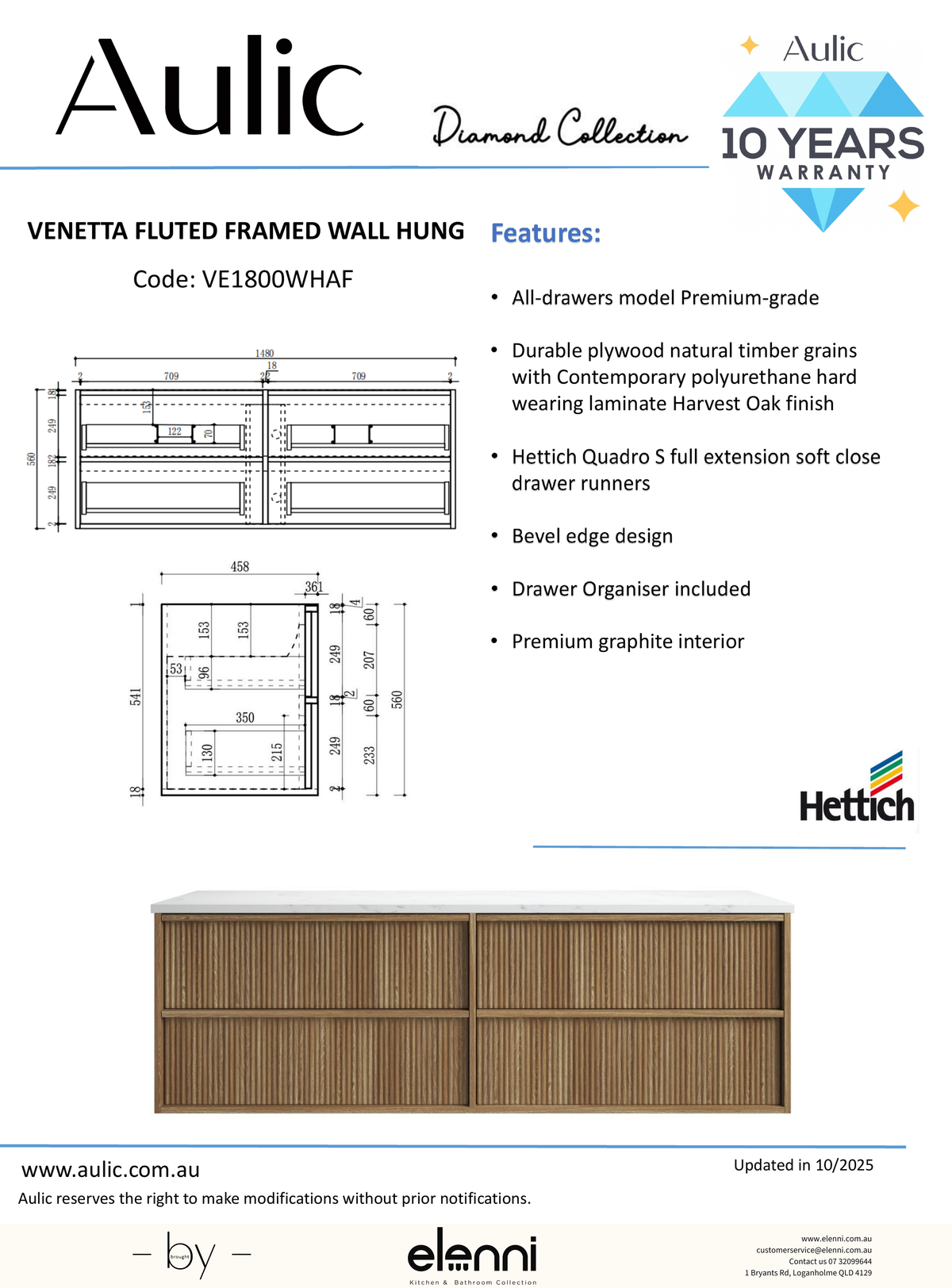 Venetta Fluted Framed Wall Hung Harvest Oak 1800mm - Elenni specification drawing