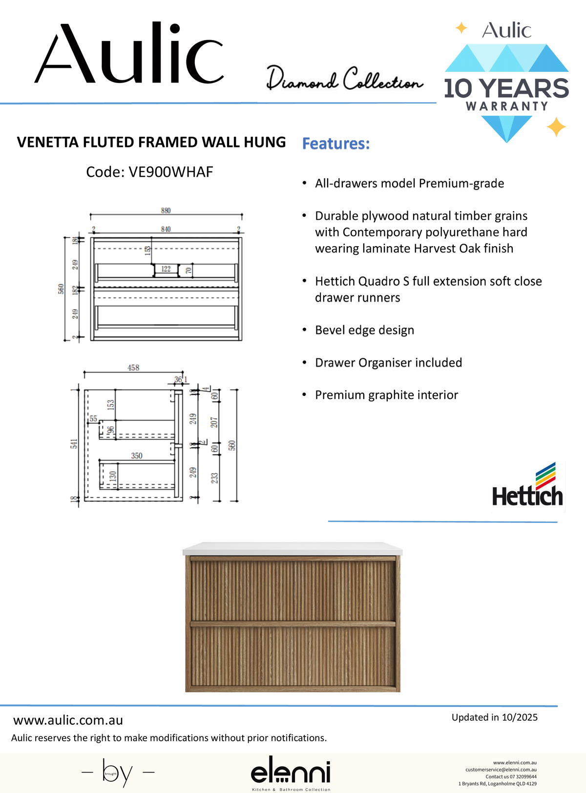 Venetta Fluted Framed Wall Hung Harvest Oak 900mm - Elenni specification drawing