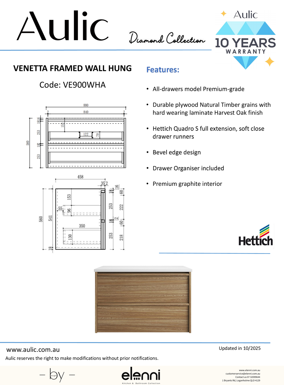 Venetta Framed Wall Hung Harvest Oak 900mm - Elenni specification drawing