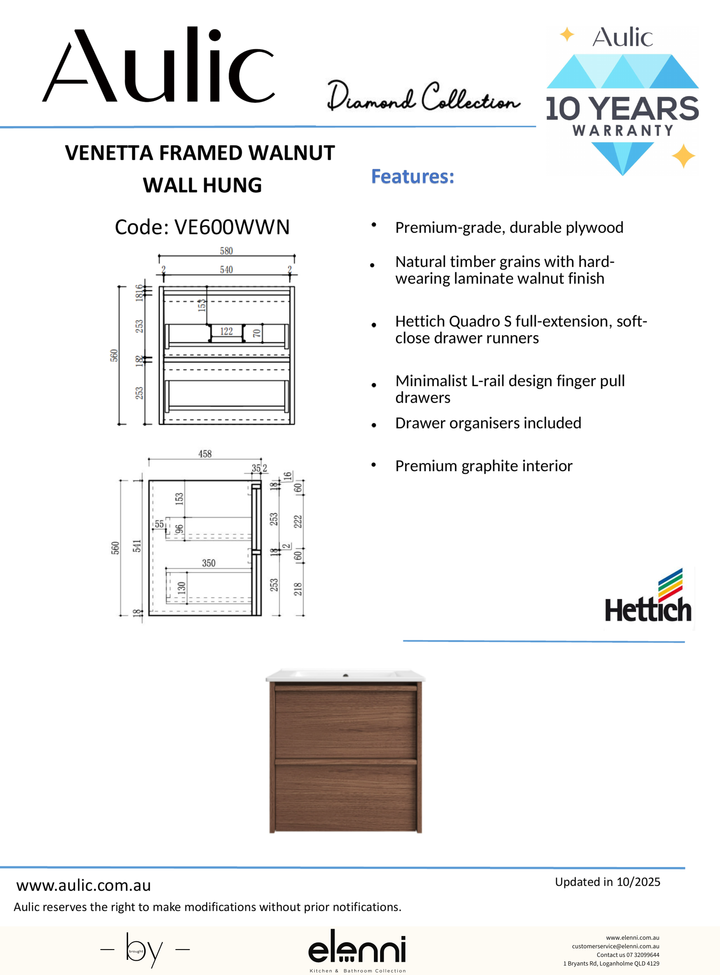 Venetta Framed Wall Hung Walnut 600mm - Elenni specification drawing
