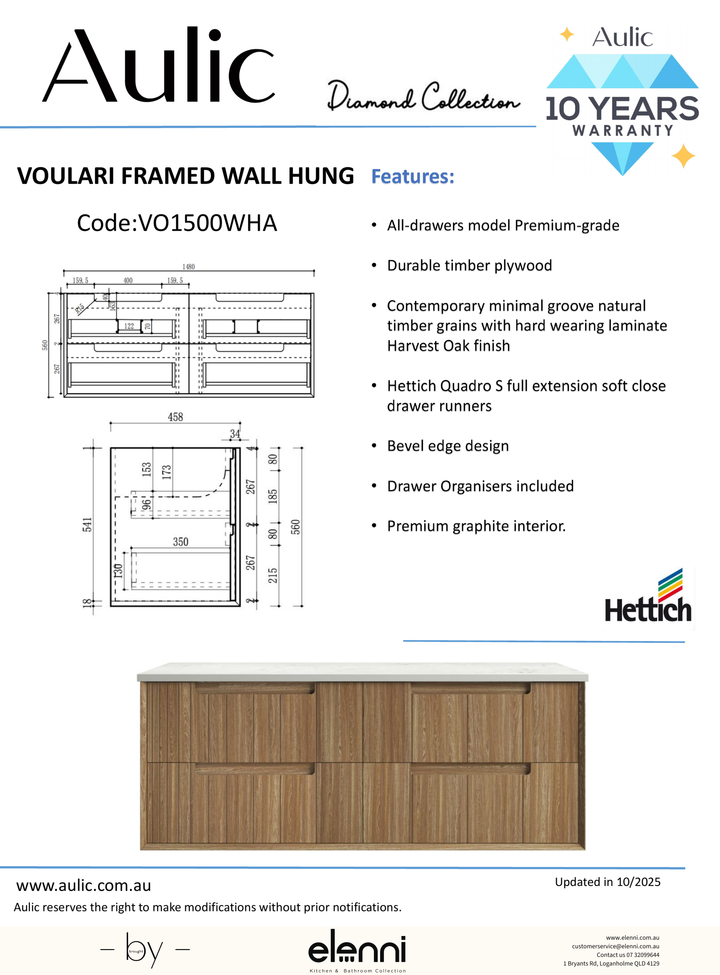 Voulari Framed Wall Hung Harvest Oak 1500mm - Elenni specification drawing