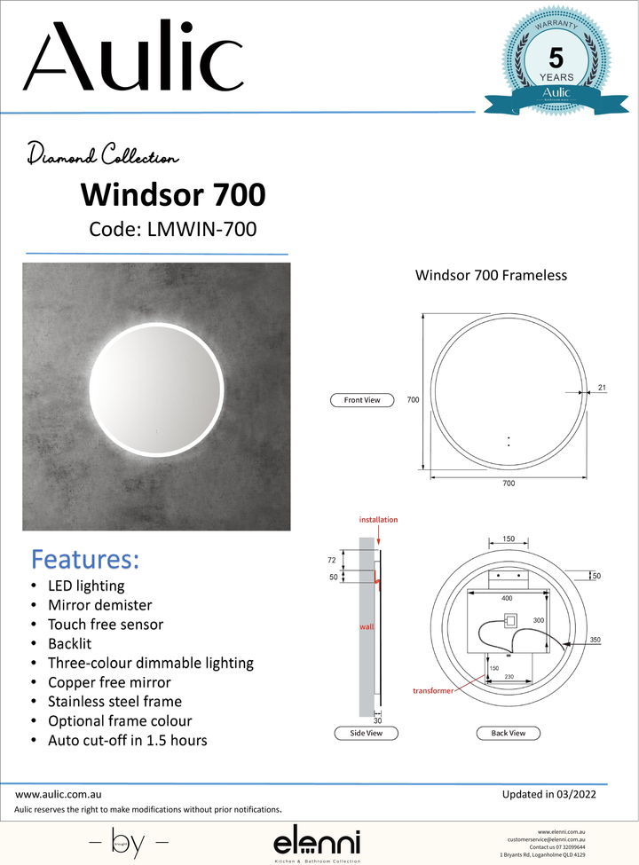 Windsor 700mm LED Mirror - Elenni specification drawing