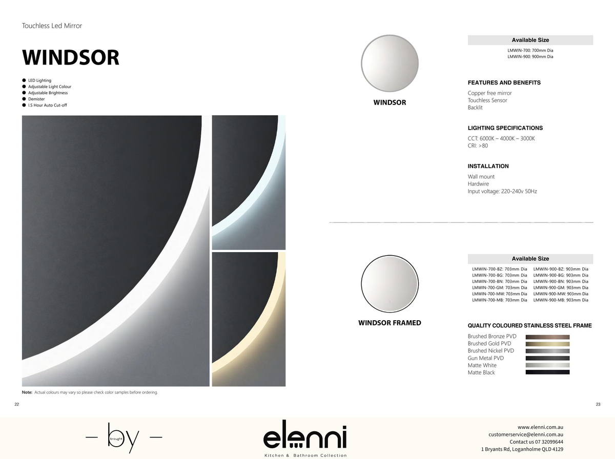 Windsor 900mm LED Mirror - Elenni specification drawing