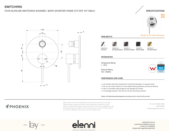 Vivid Slimline SwitchMix Shower/Bath Diverter Mixer Trim Kit Only - Elenni specification drawing