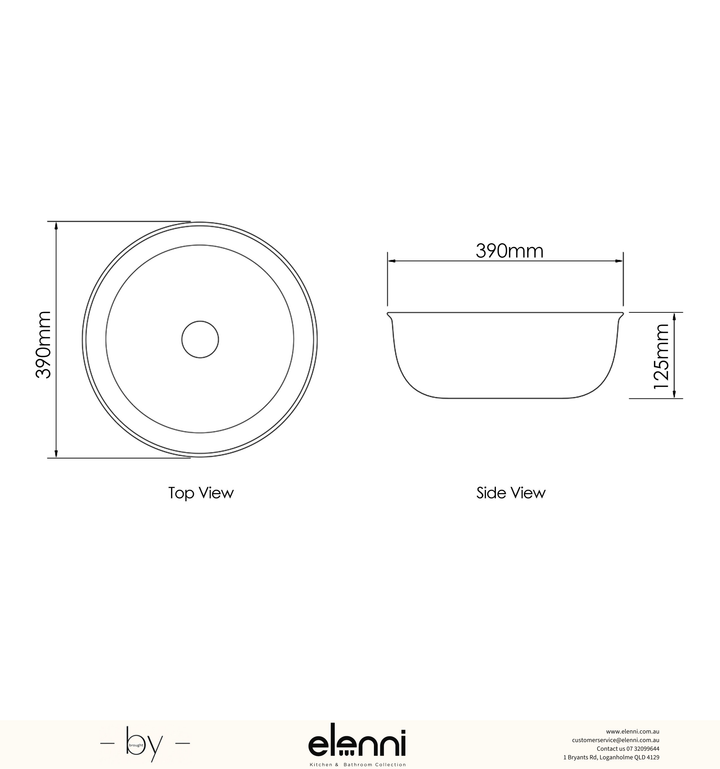 Elenni specification drawing — Bronte Round 390x390x130 Gloss White Basin
