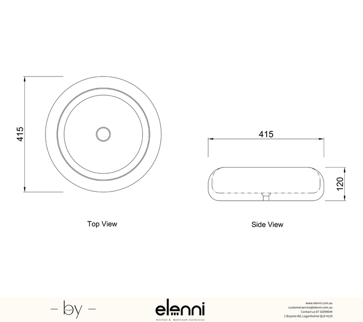 Laguna 415x415x120 Gloss White Basin - Elenni specification drawing