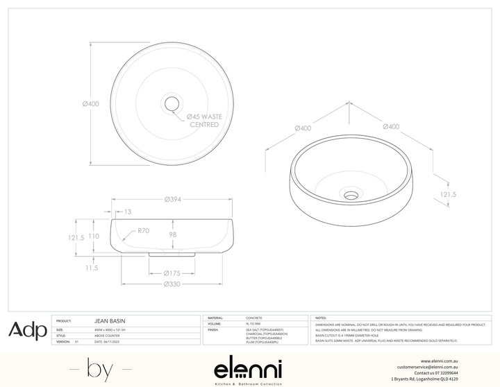 Jean Black - Elenni specification drawing