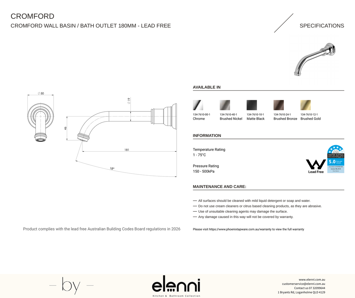 Cromford Wall Basin / Bath Outlet 180mm - Elenni specification drawing