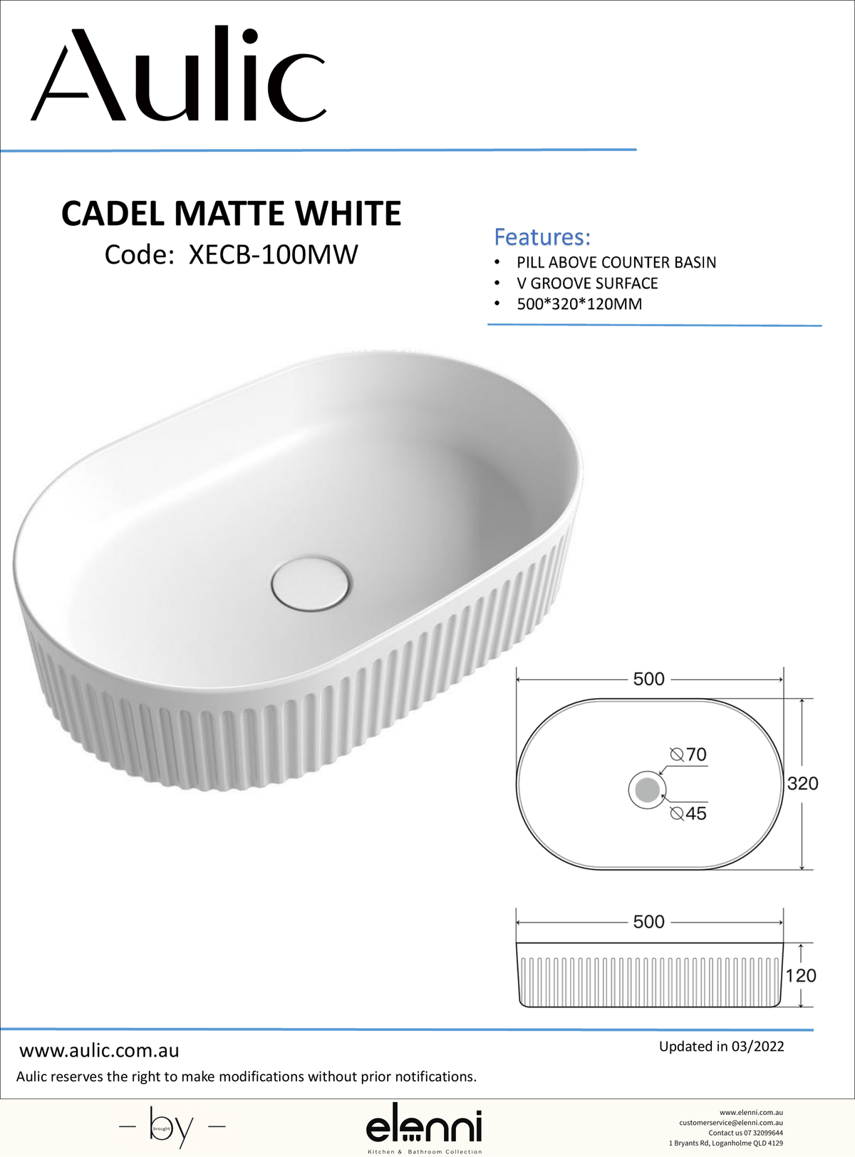 Cadel Matte White Basin - Elenni specification drawing
