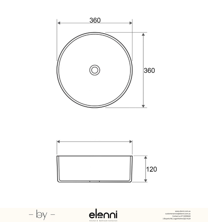 Radius Round 360x360x115 Carrara Basin - Elenni specification drawing