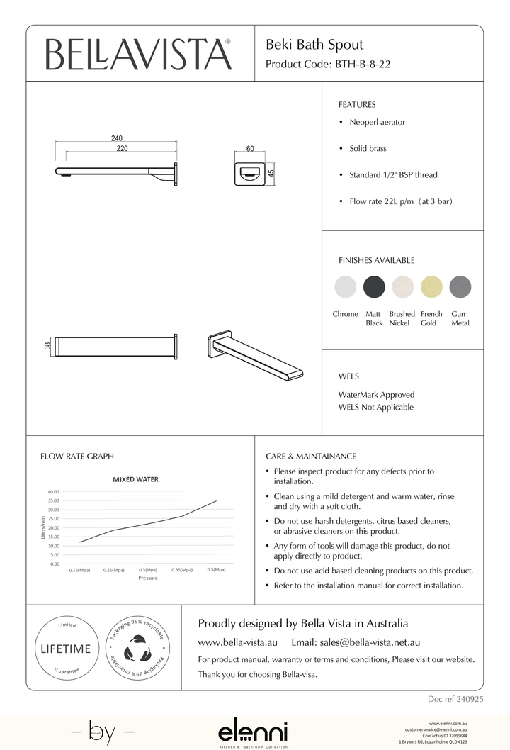 Bella Vista Beki Wall Bath/Basin Spout - Elenni specification drawing