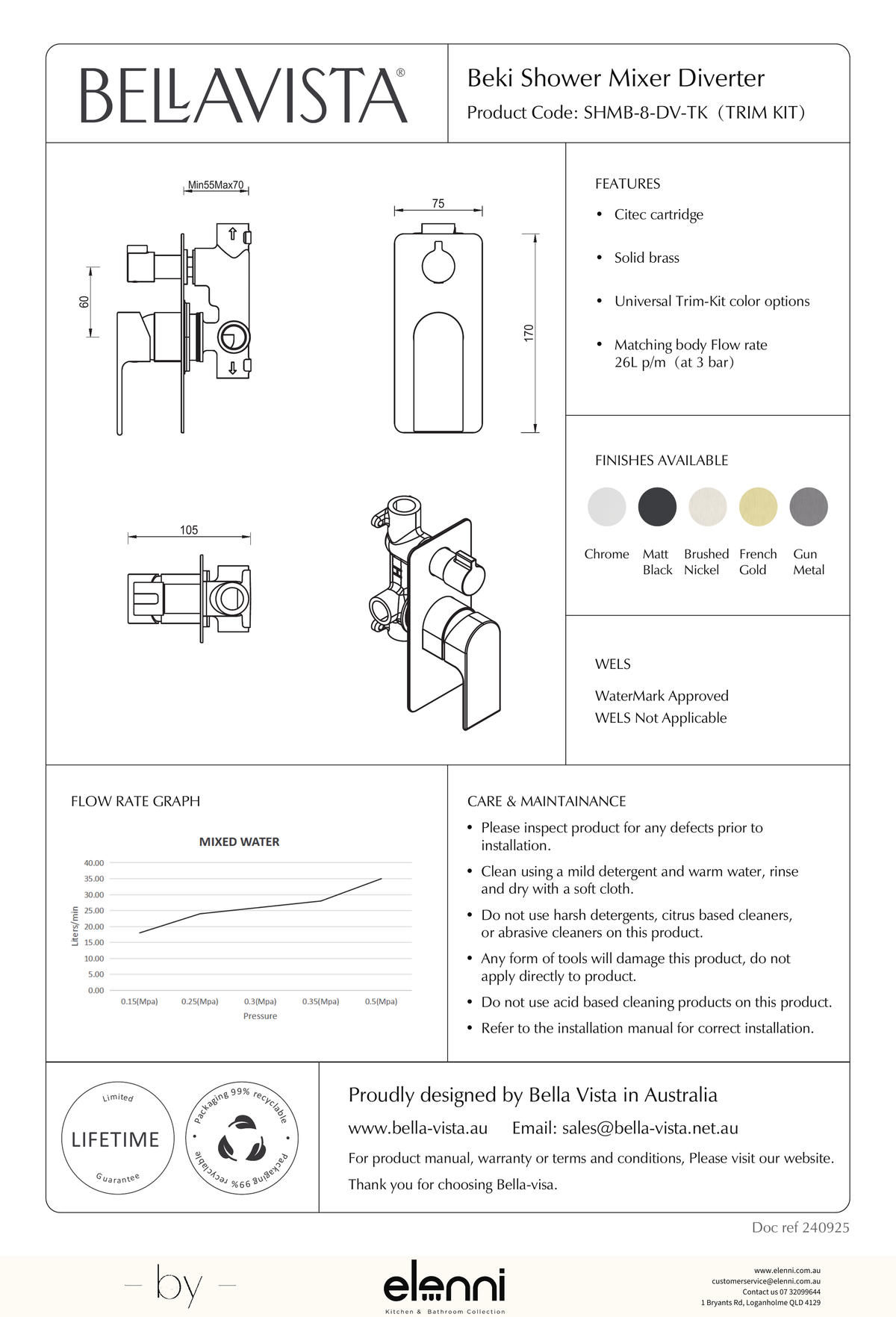 Bella Vista Beki Shower Mixer Diverter - 1P - Trim Kit - Elenni specification drawing