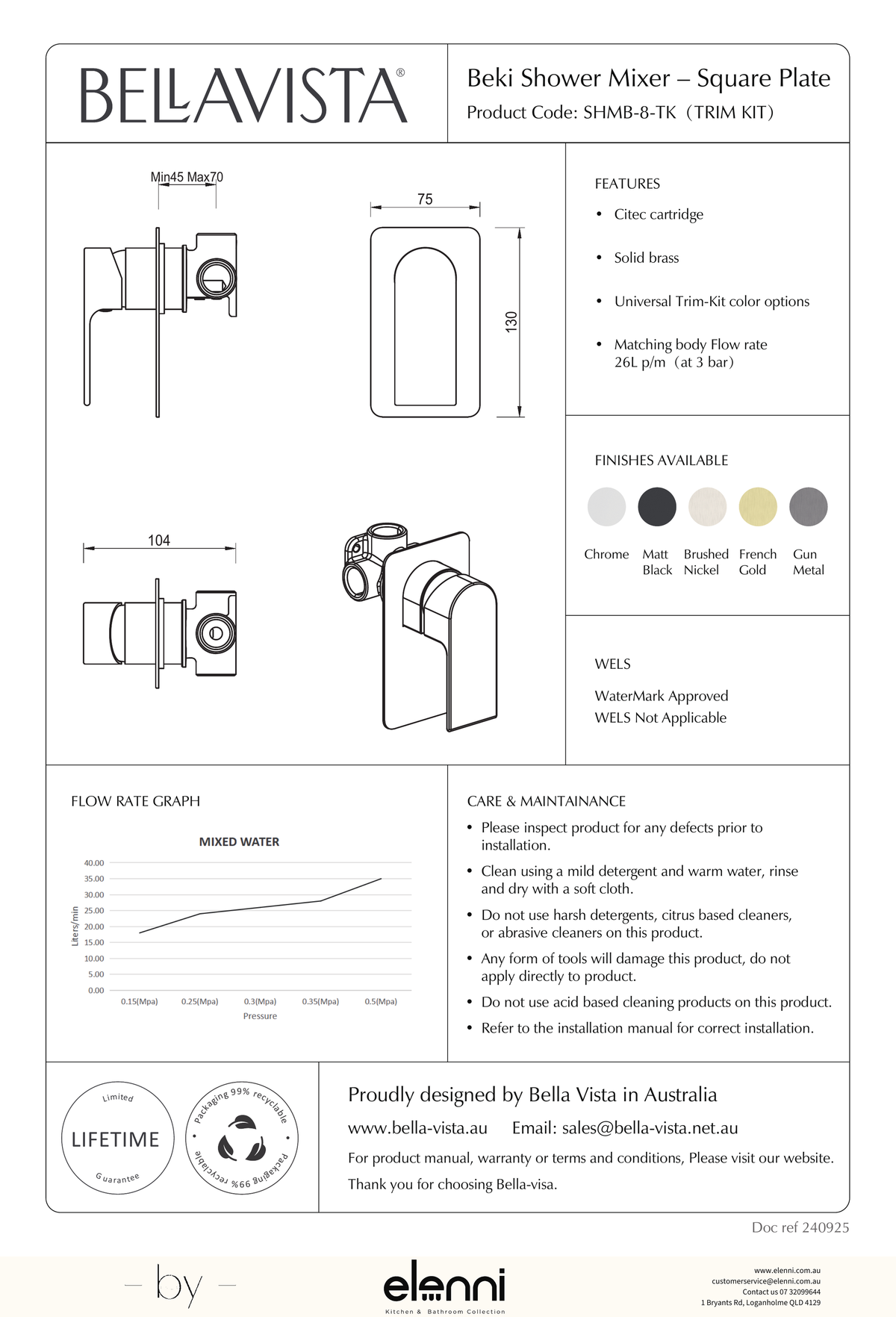 Bella Vista Beki Shower Mixer - Square Plate - Trim Kit - Elenni specification drawing