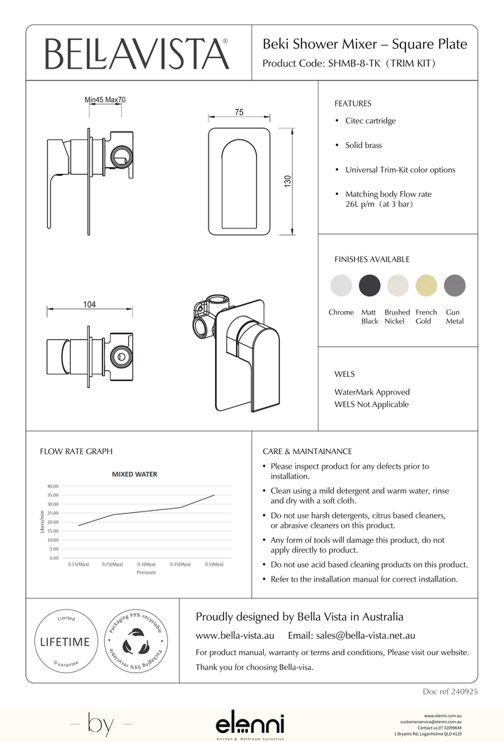 Bella Vista Beki Shower Mixer - Square Plate - Trim Kit - Elenni specification drawing