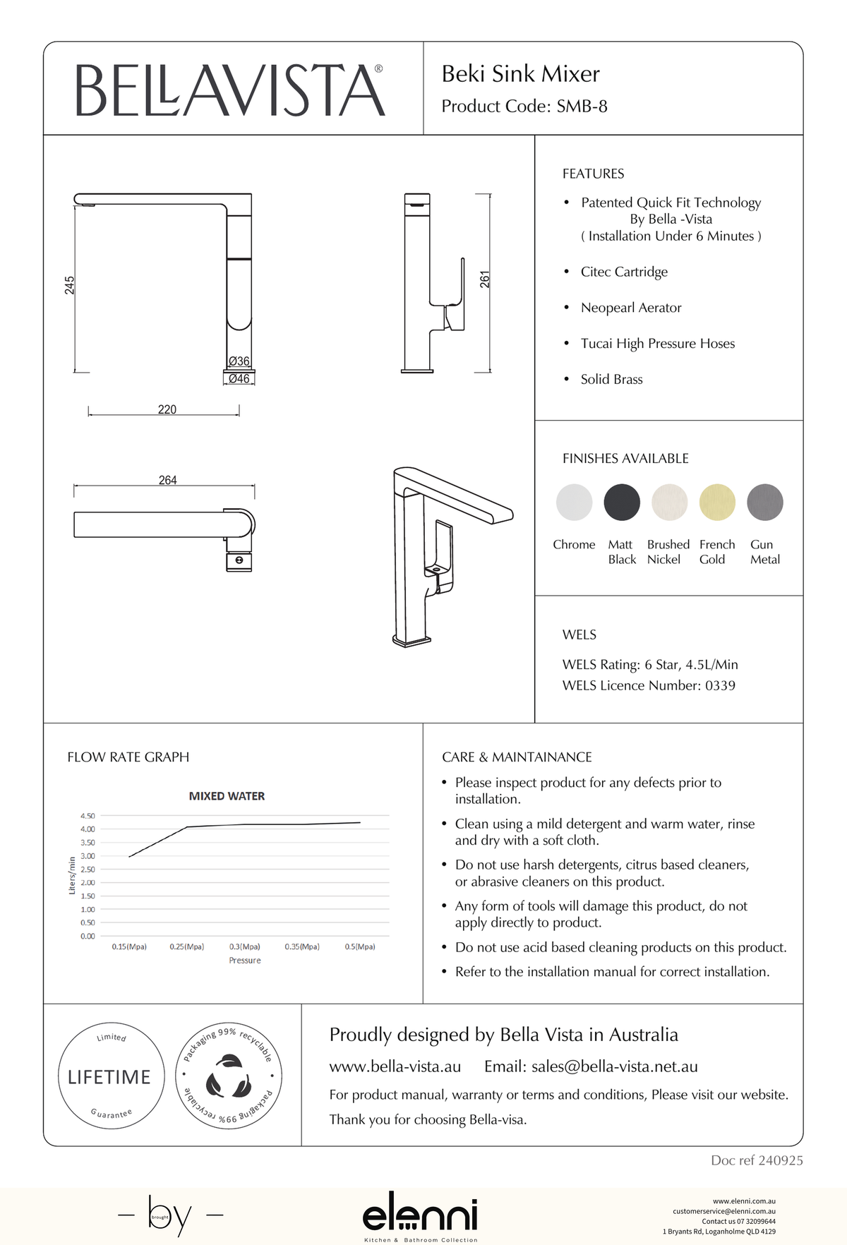 Beki Sink Mixer - Elenni specification drawing