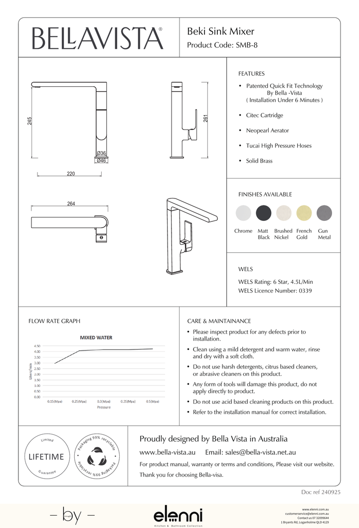 Beki Sink Mixer - Elenni specification drawing