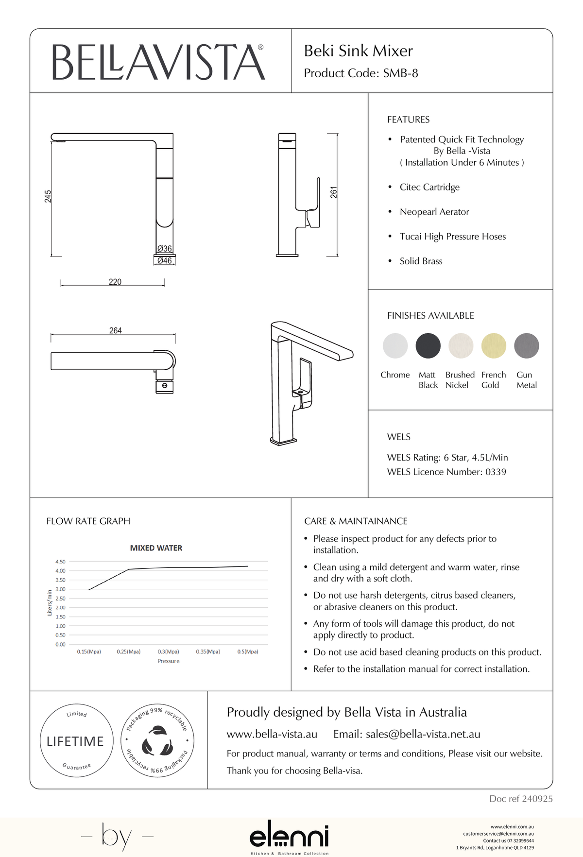 Beki Sink Mixer - Elenni specification drawing
