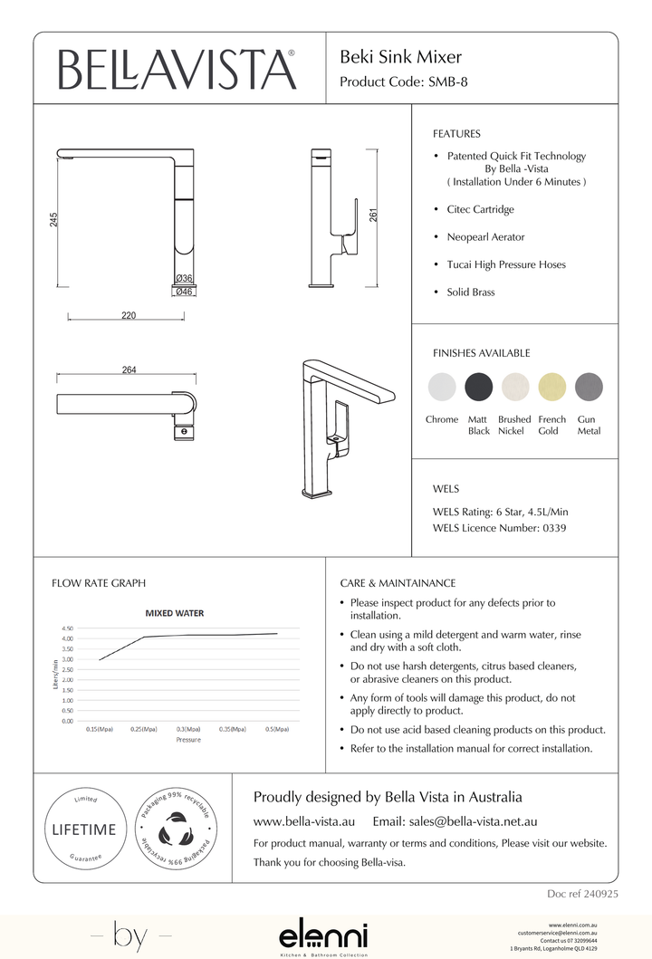 Beki Sink Mixer - Elenni specification drawing