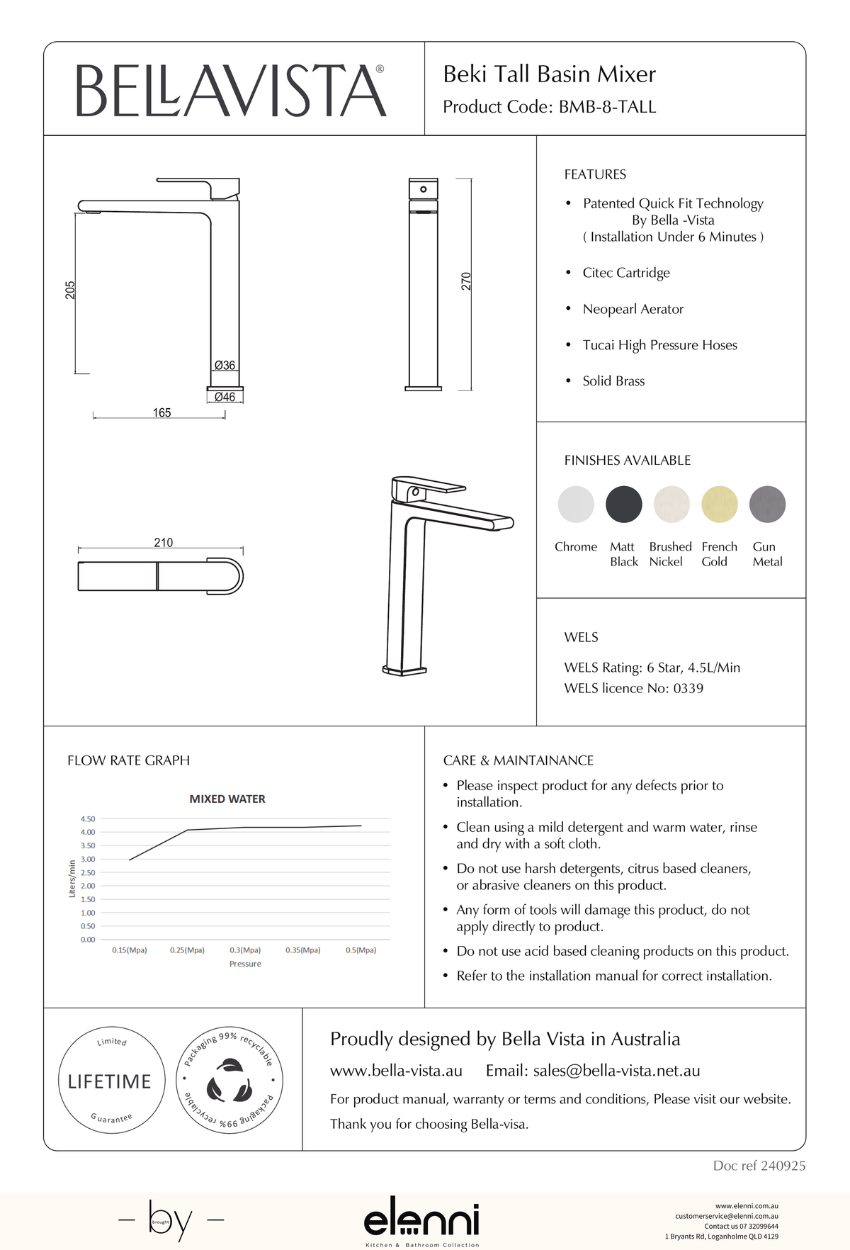 Bella Vista Beki Tall Basin Mixer - Elenni specification drawing