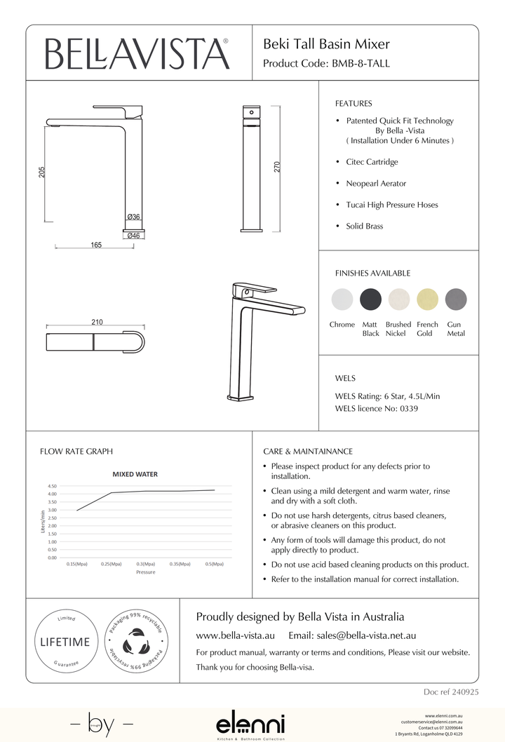 Bella Vista Beki Tall Basin Mixer - Elenni specification drawing