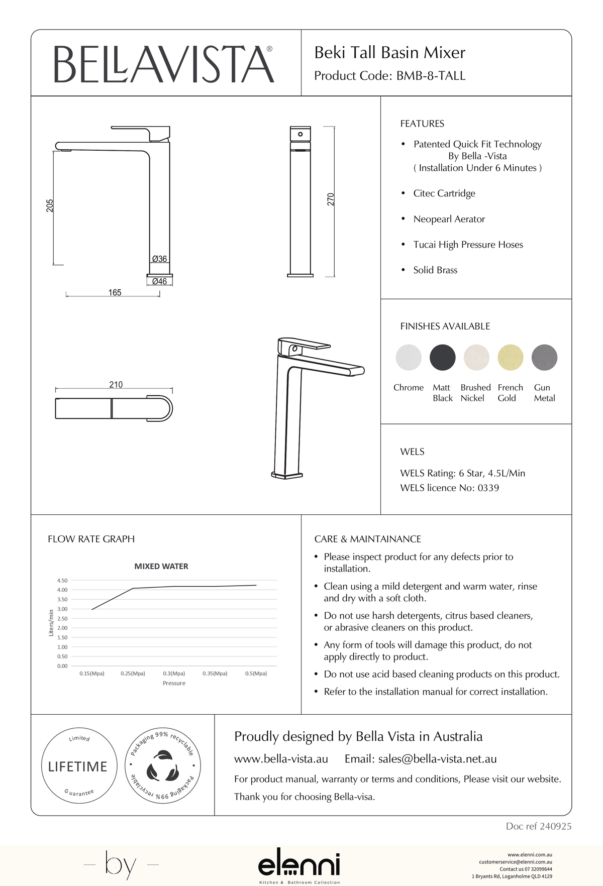 Bella Vista Beki Tall Basin Mixer - Elenni specification drawing