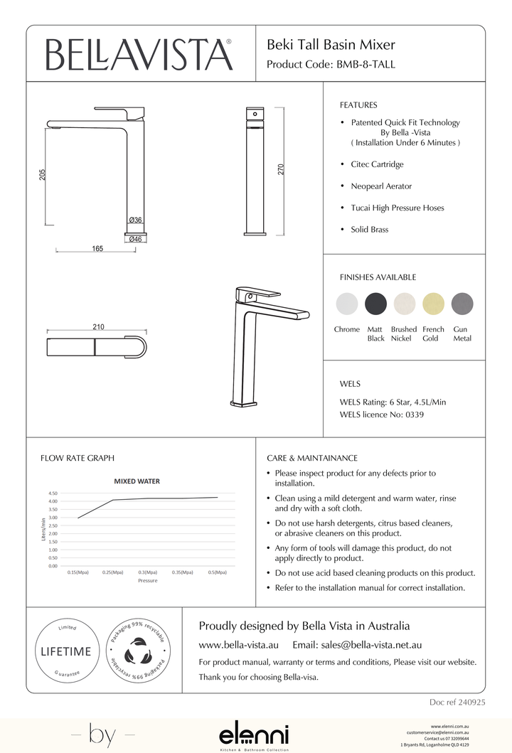 Bella Vista Beki Tall Basin Mixer - Elenni specification drawing