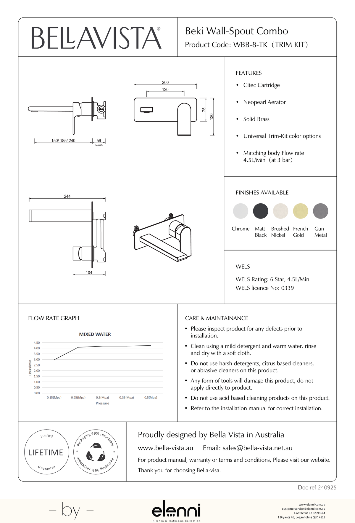 Bella Vista Beki Wall-Spout Combo - 1P - Trim Kit - Elenni specification drawing