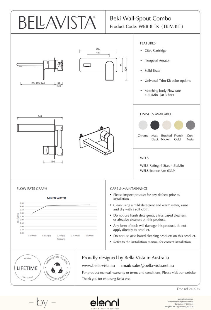 Bella Vista Beki Wall-Spout Combo - 1P - Trim Kit - Elenni specification drawing