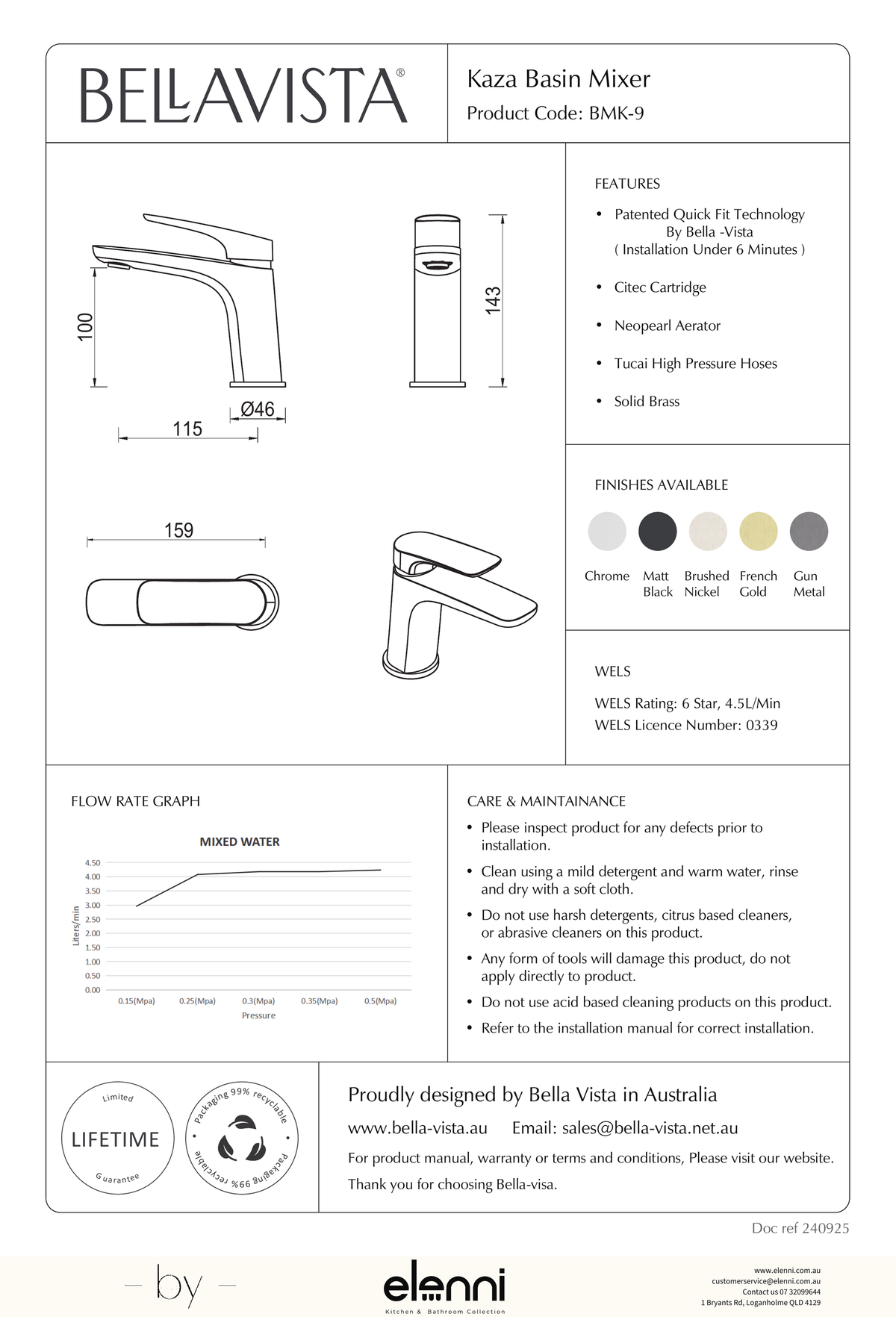 Bella Vista Kaza Basin Mixer - Elenni specification drawing