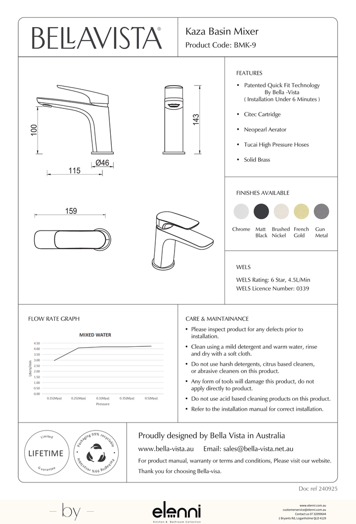 Bella Vista Kaza Basin Mixer - Elenni specification drawing
