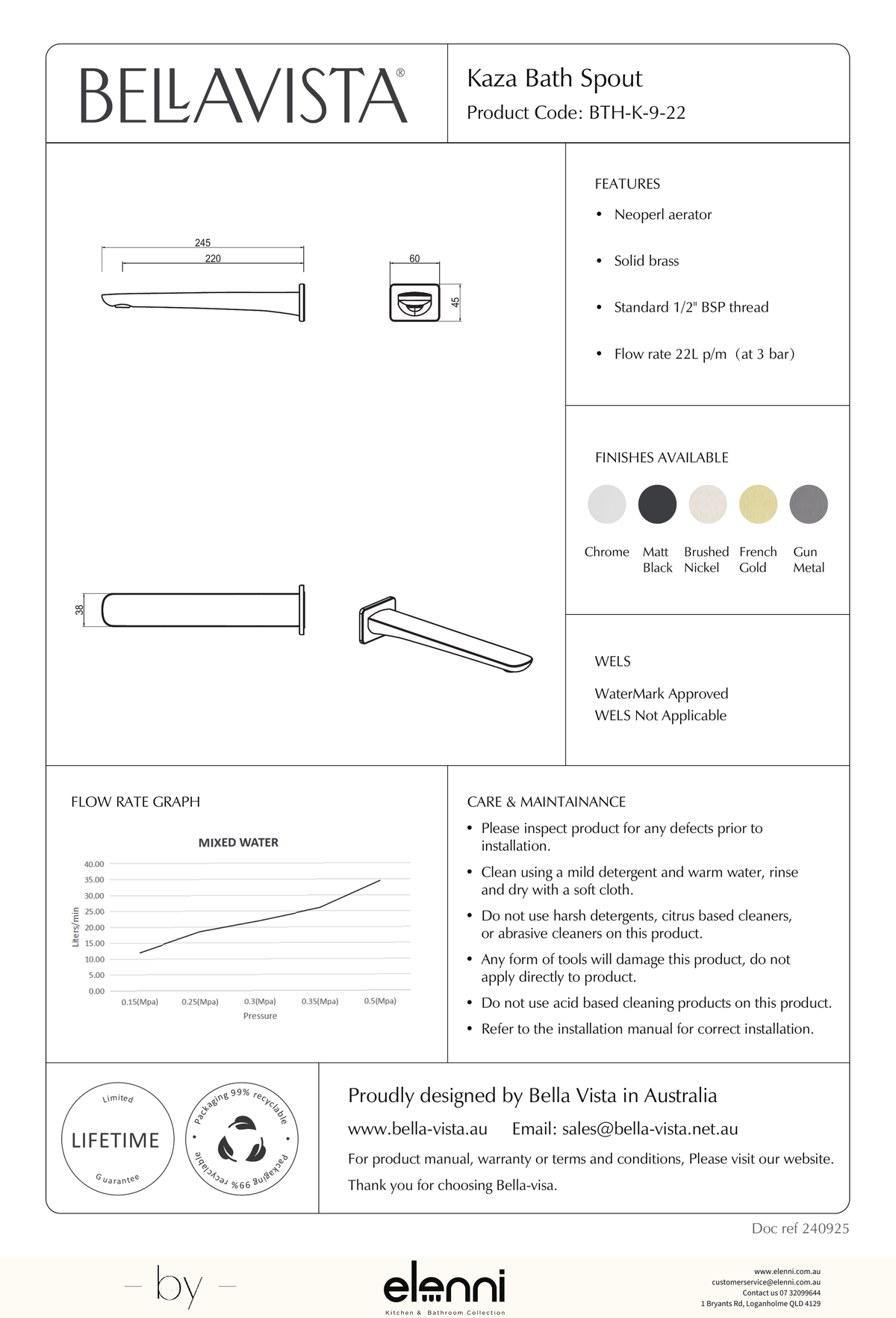 Bella Vista Kaza Wall Bath/Basin Spout - Elenni specification drawing
