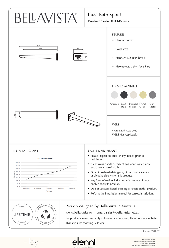 Bella Vista Kaza Wall Bath/Basin Spout - Elenni specification drawing