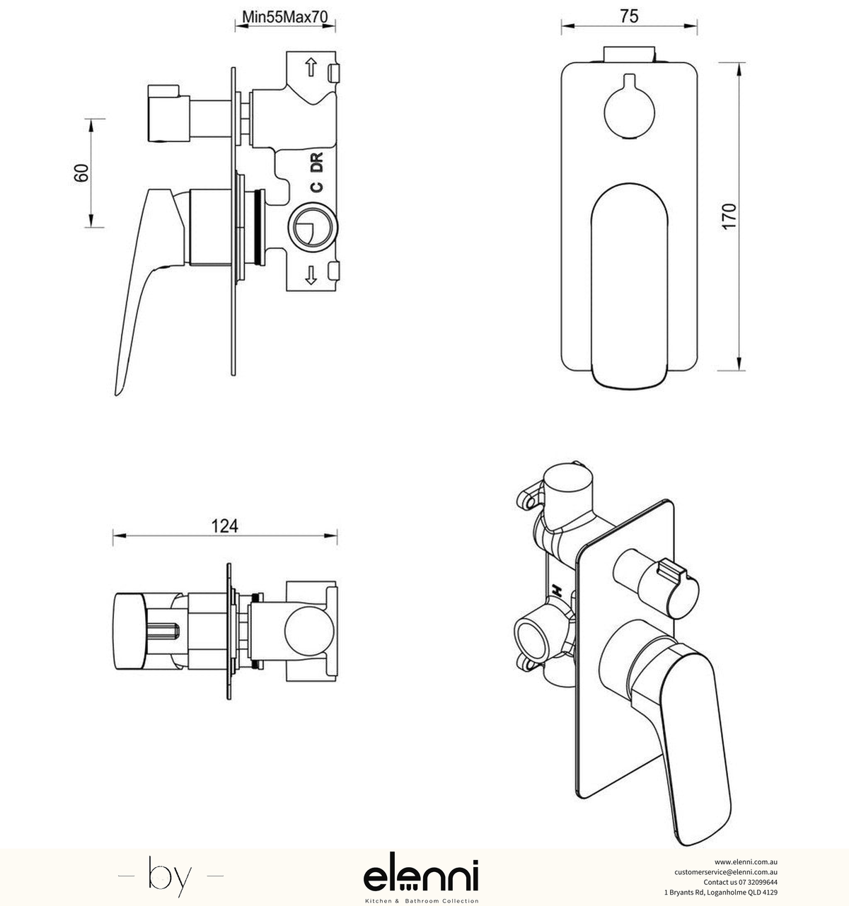 Bella Vista Kaza Shower Mixer Diverter - 1P - Trim Kit - Elenni specification drawing