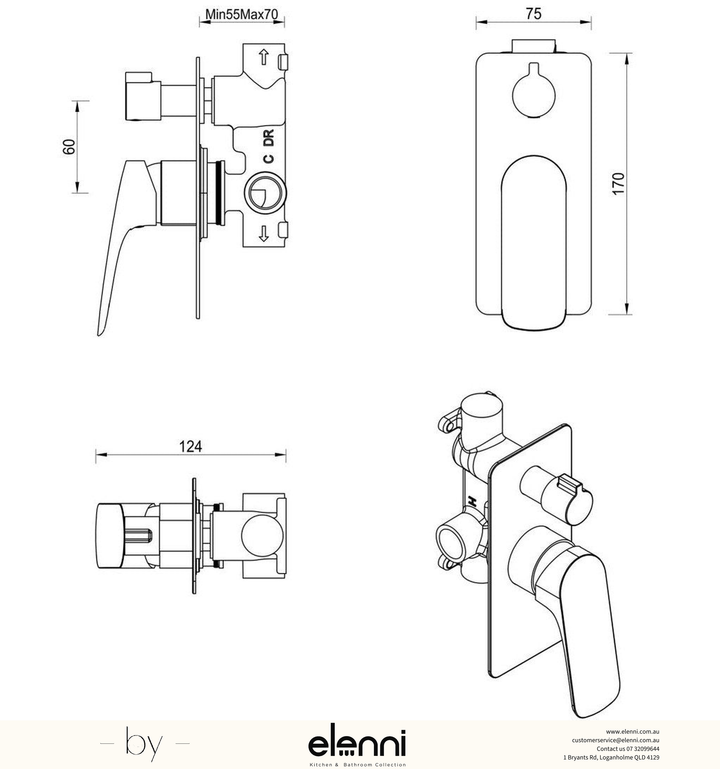 Bella Vista Kaza Shower Mixer Diverter - 1P - Trim Kit - Elenni specification drawing