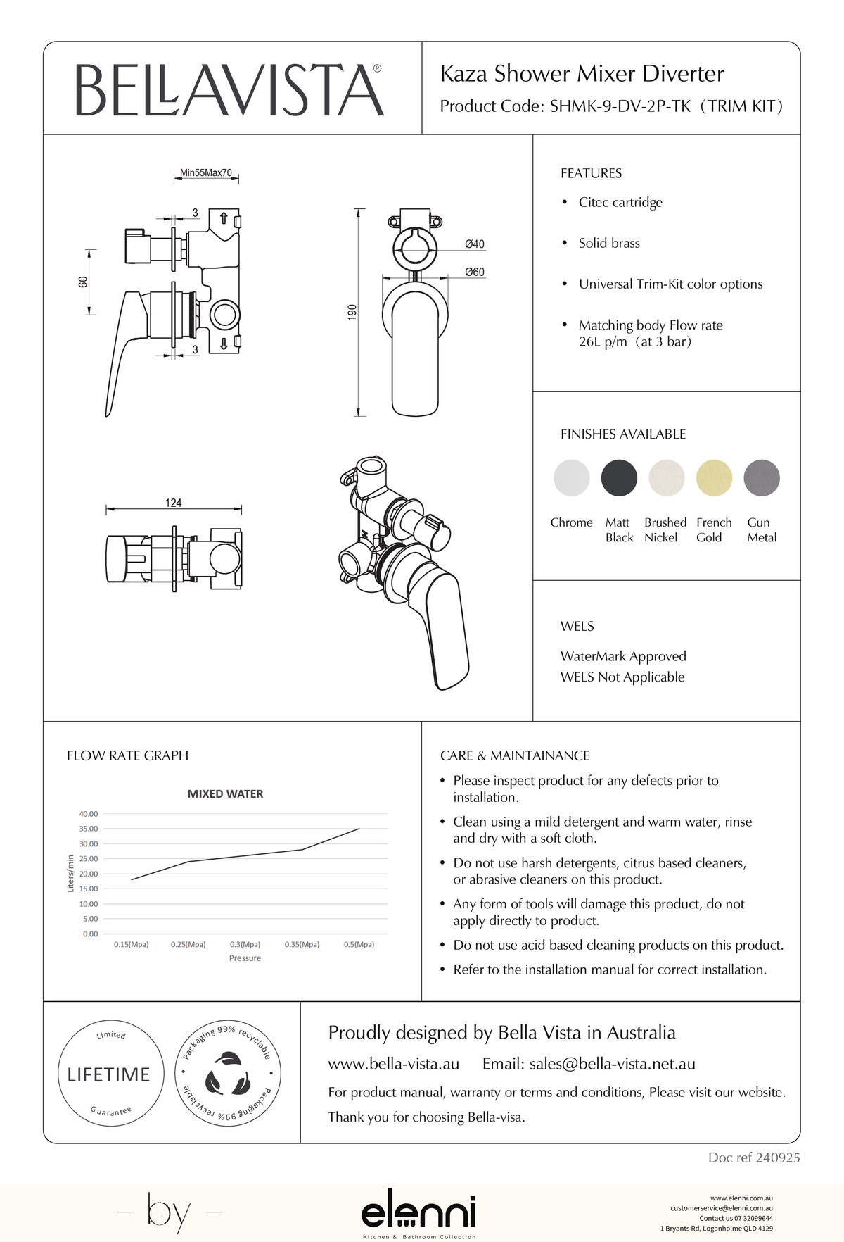 Bella Vista Kaza Shower Mixer Diverter - 2P - Trim Kit - Elenni specification drawing