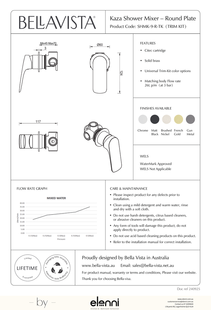 Bella Vista Kaza Shower Mixer - Round Plate - Trim Kit - Elenni specification drawing