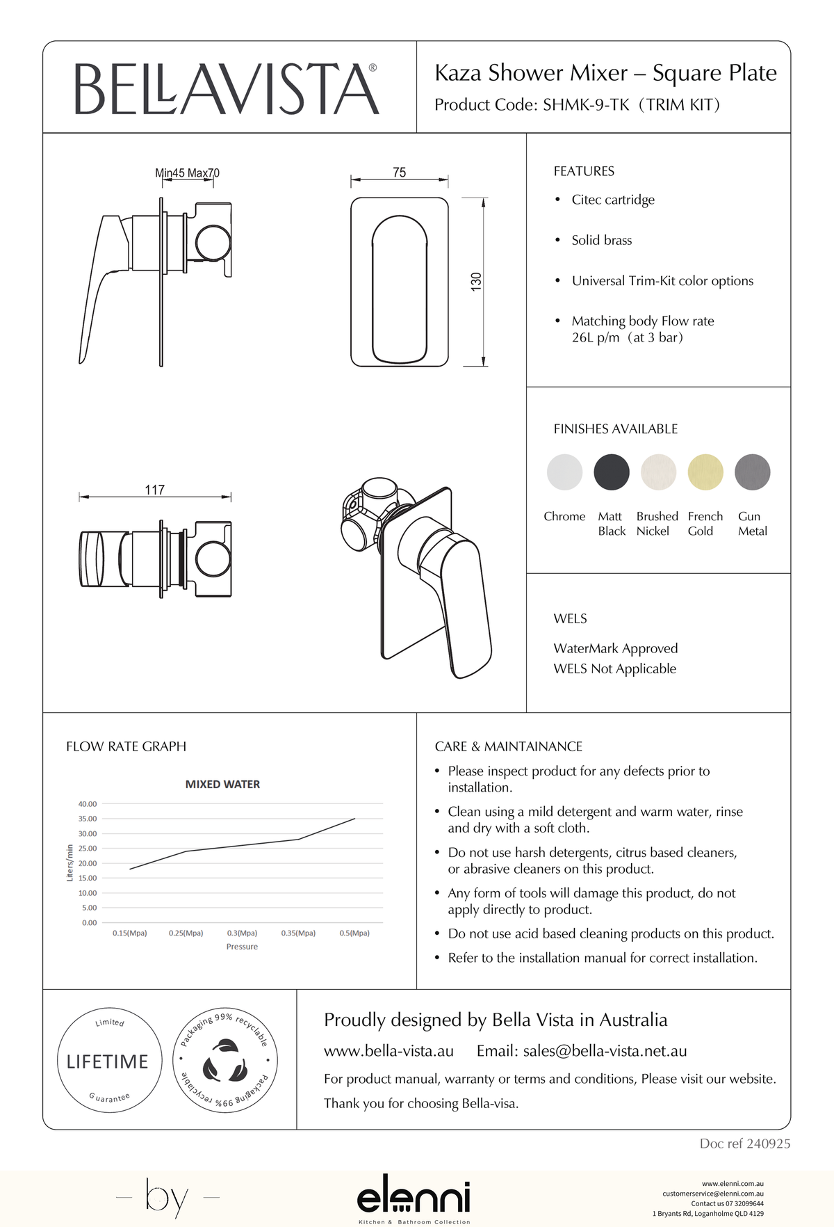 Bella Vista Kaza Shower Mixer - Square Plate - Trim Kit - Elenni specification drawing