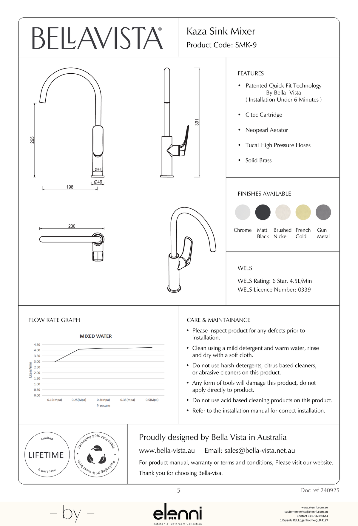 Bella Vista Kaza Sink Mixer - Elenni specification drawing