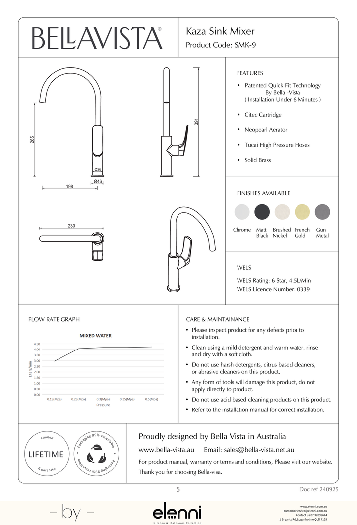 Bella Vista Kaza Sink Mixer - Elenni specification drawing