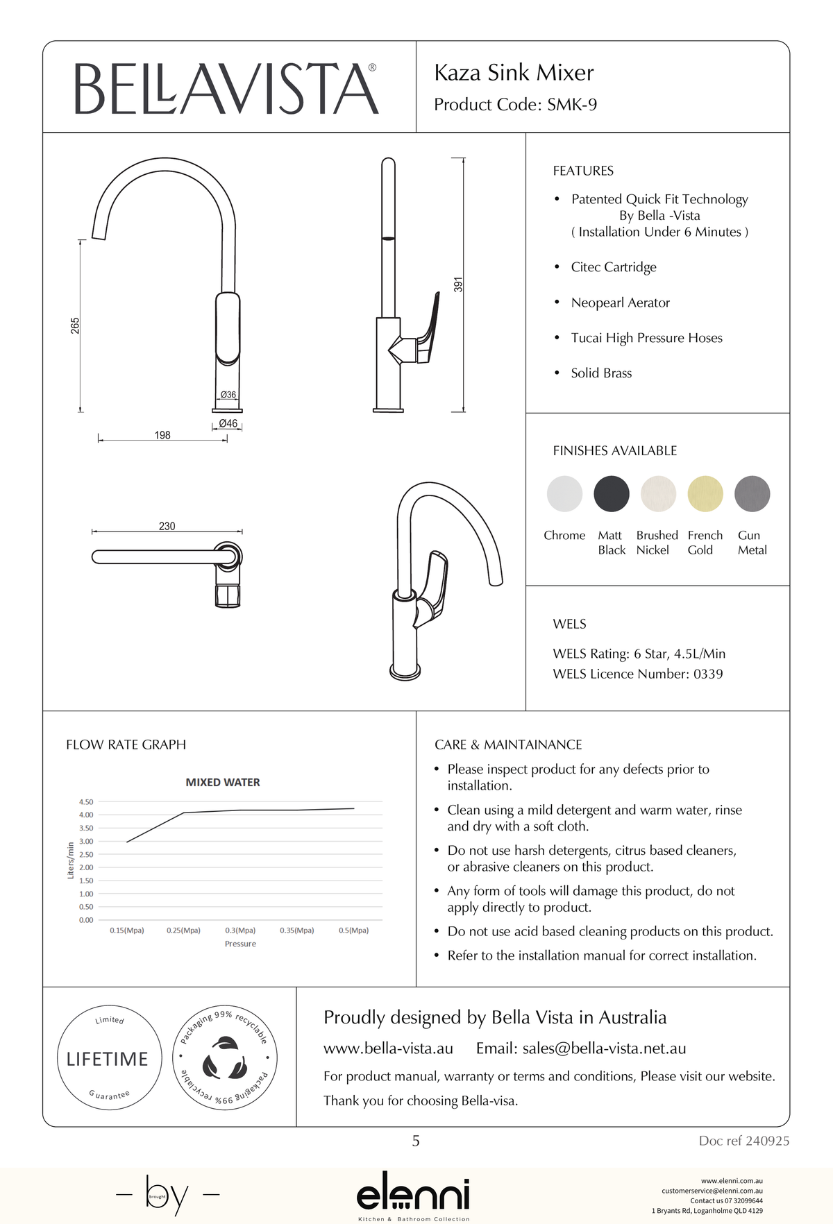 Bella Vista Kaza Sink Mixer - Elenni specification drawing