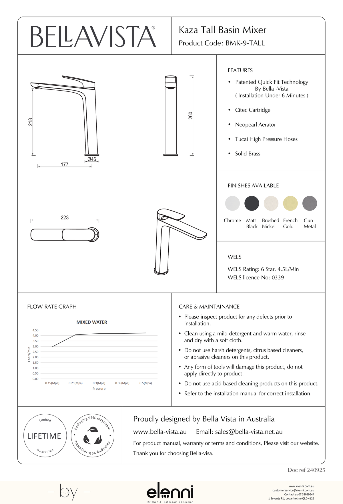 Bella Vista Kaza Tall Basin Mixer - Elenni specification drawing