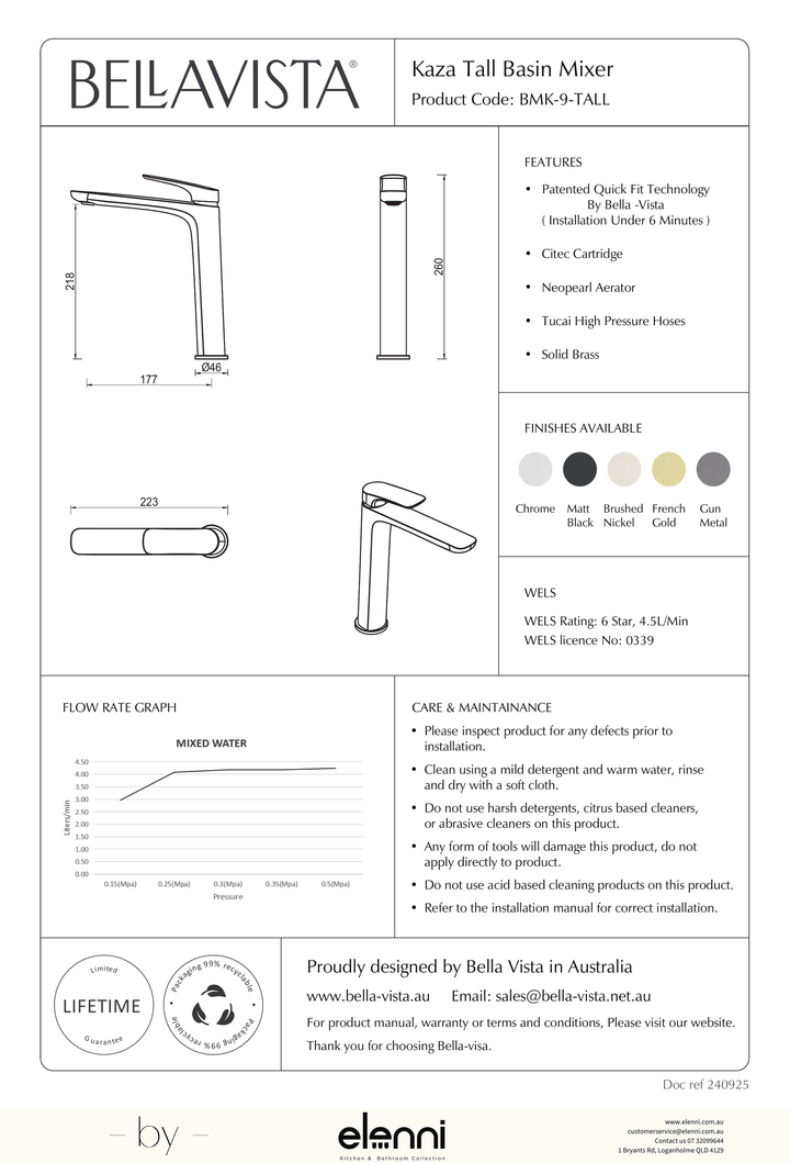 Bella Vista Kaza Tall Basin Mixer - Elenni specification drawing
