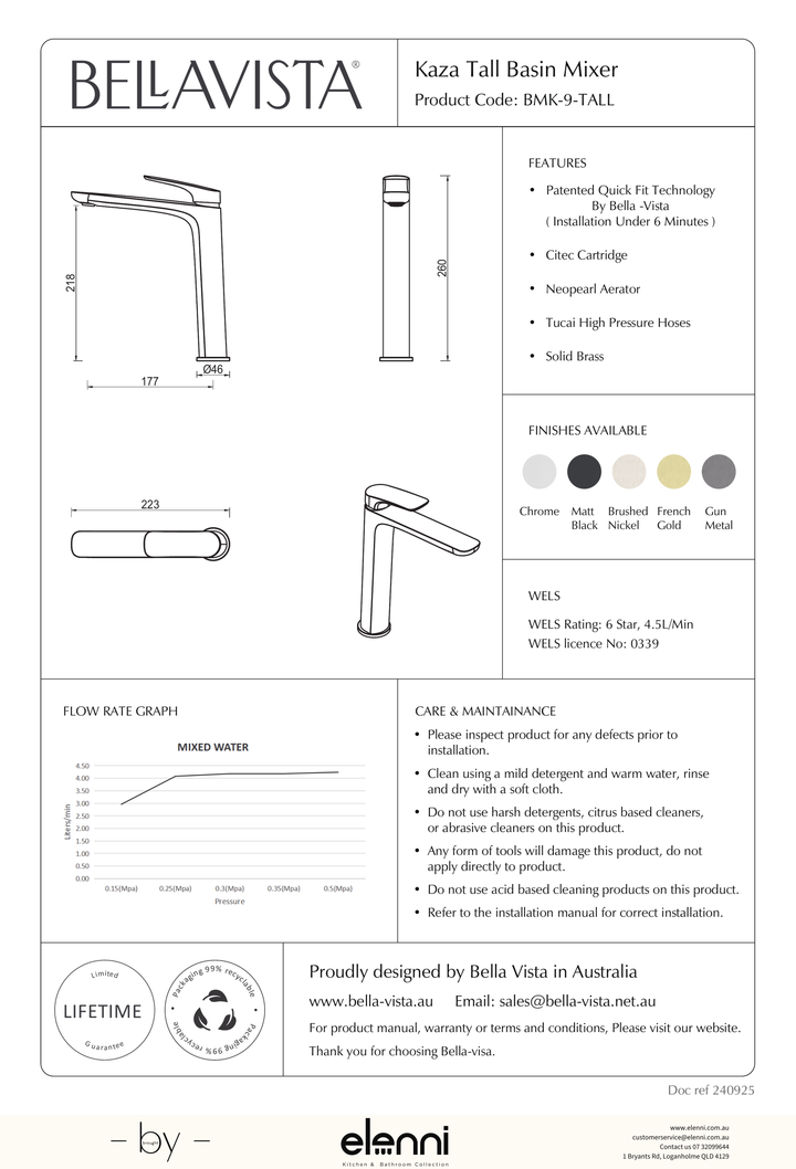Bella Vista Kaza Tall Basin Mixer - Elenni specification drawing