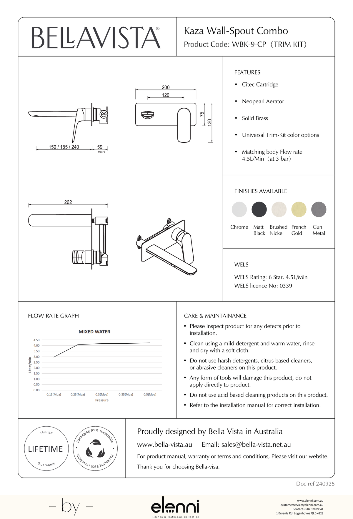 Bella Vista Kaza Wall-Spout Combo - 1P - Trim Kit - Elenni specification drawing