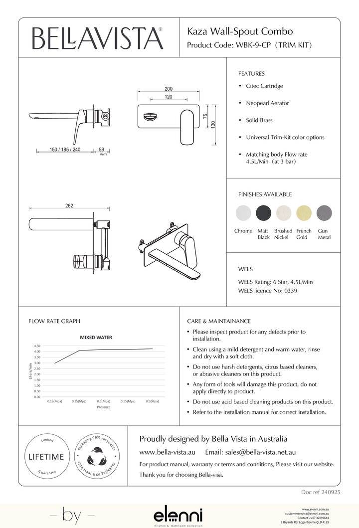 Bella Vista Kaza Wall-Spout Combo - 1P - Trim Kit - Elenni specification drawing