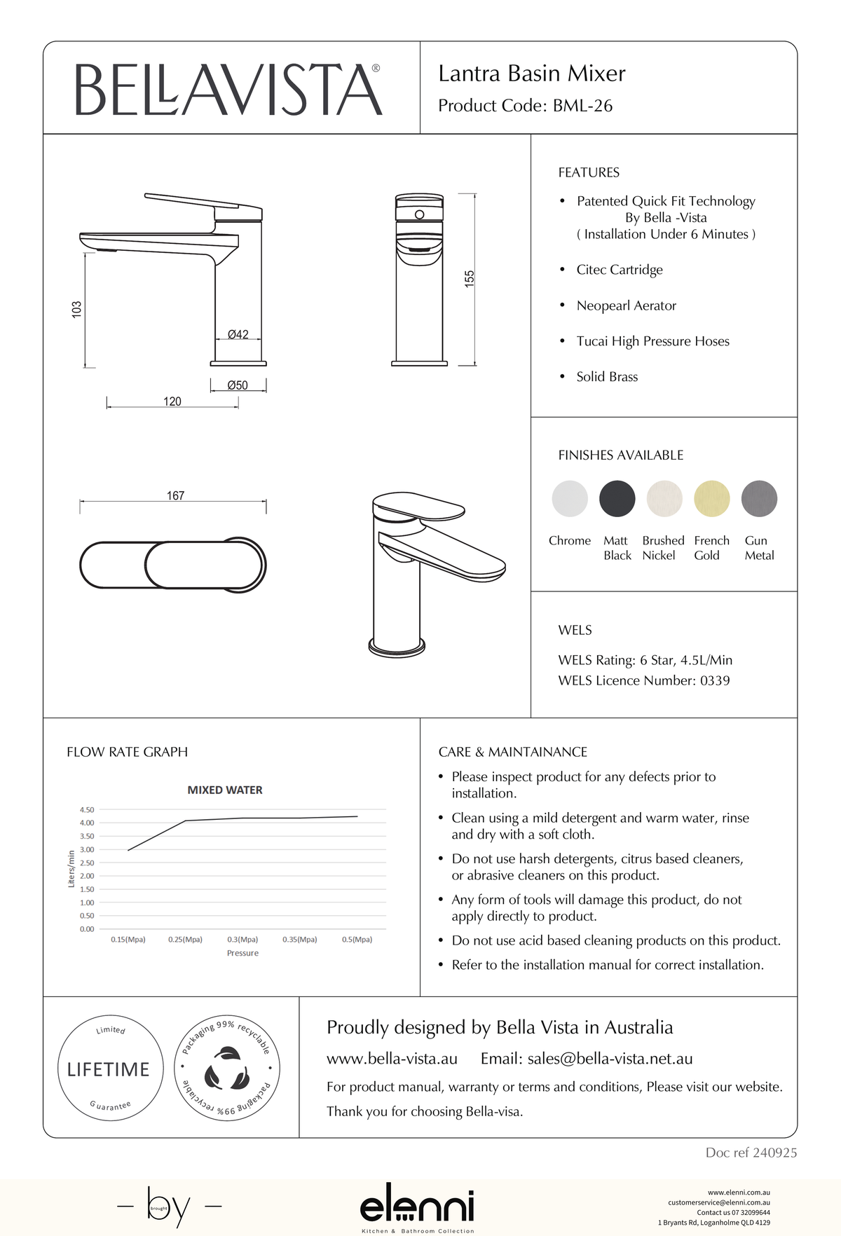 Bella Vista Lantra Basin Mixer - Elenni specification drawing