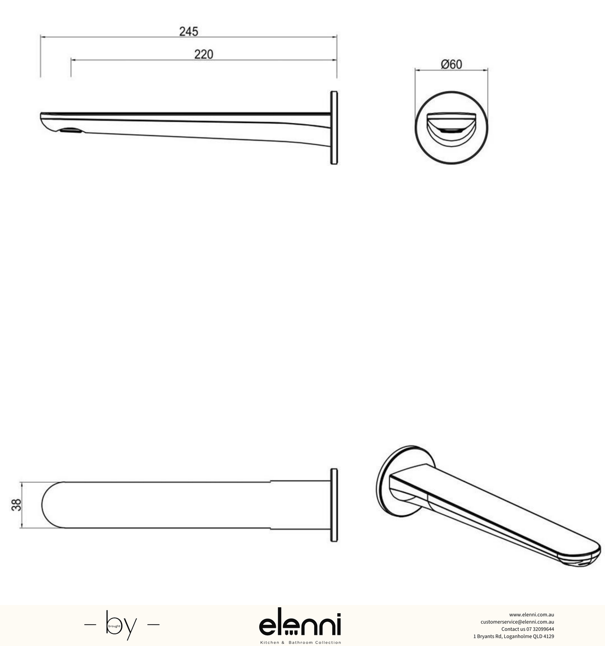 Bella Vista Lantra Wall Bath/Basin Spout - Elenni specification drawing