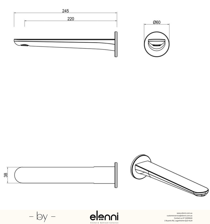 Bella Vista Lantra Wall Bath/Basin Spout - Elenni specification drawing