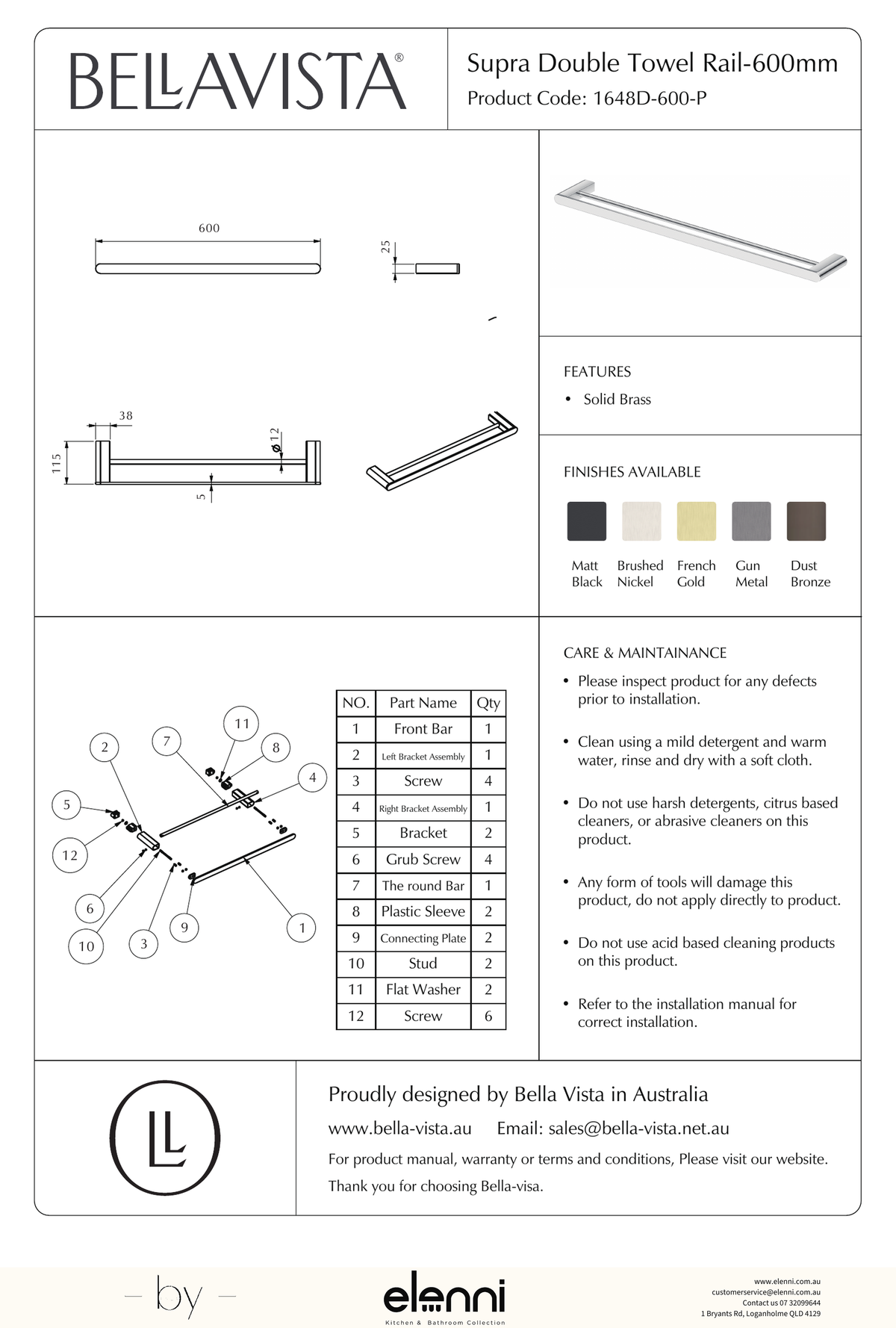 Bella Vista Lantra Double Towel Rail 600mm - Elenni specification drawing